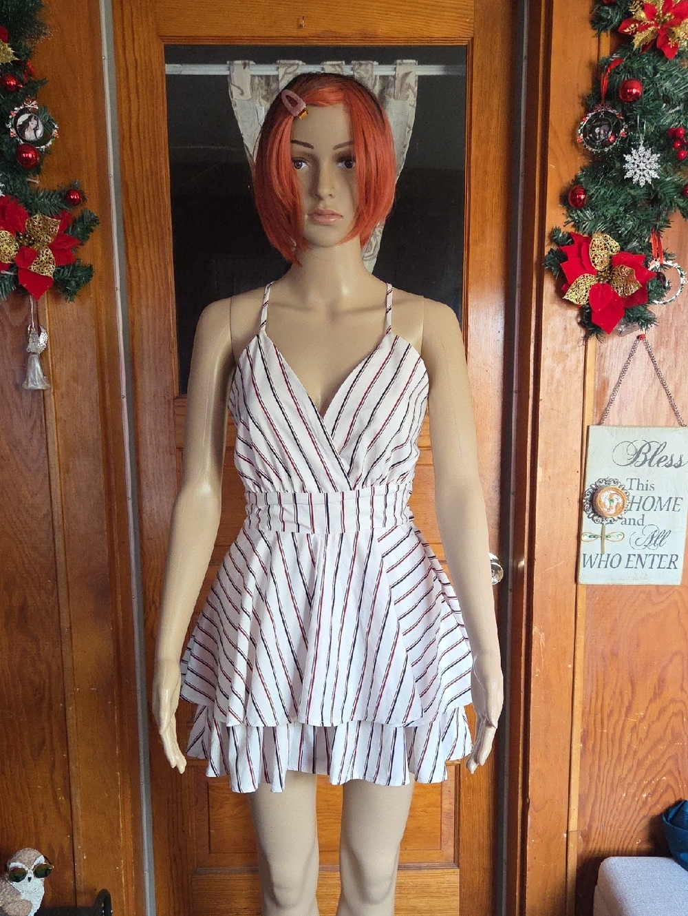 HYFVE White Mini Dress Romper Short with Red Stripes